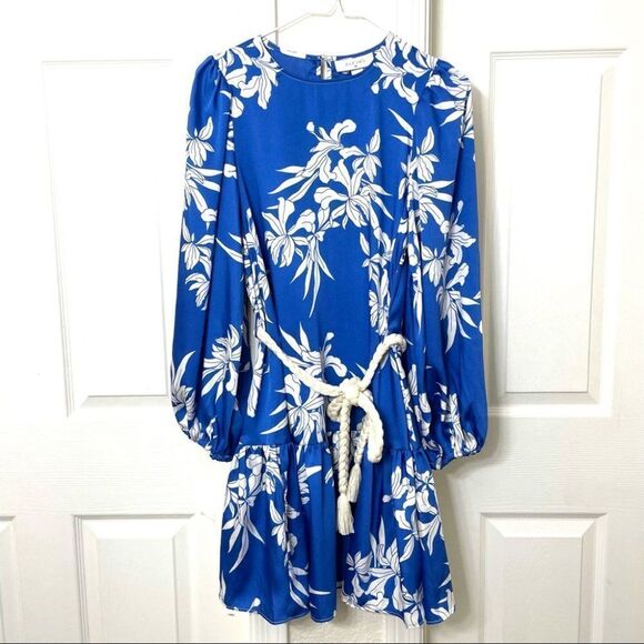 Alexis X Target Blue and White Floral Long Sleeve Mini Dress With Rope Belt - Picture 2 of 15